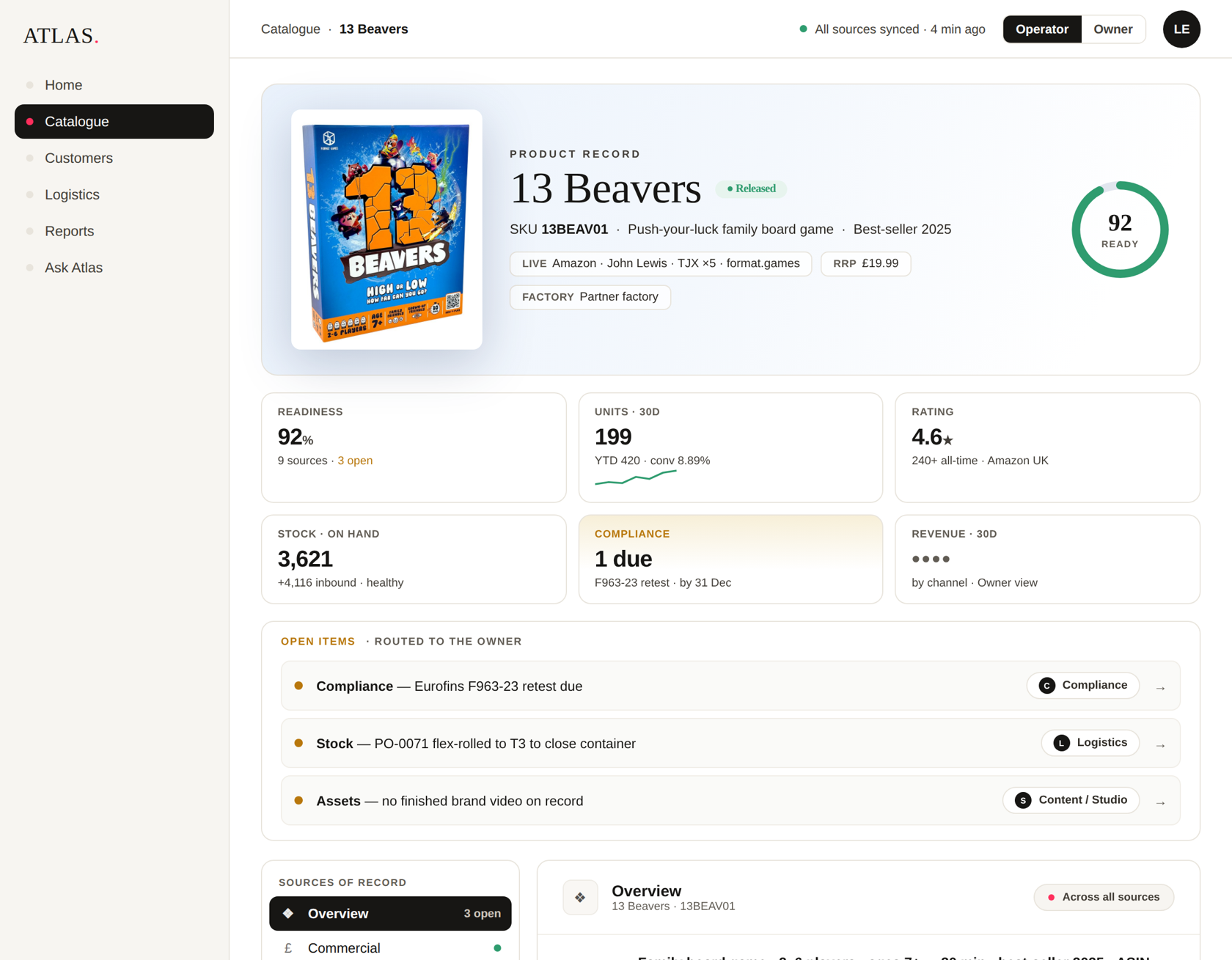 An Atlas product record for 13 Beavers, every source of truth for one line on one screen.