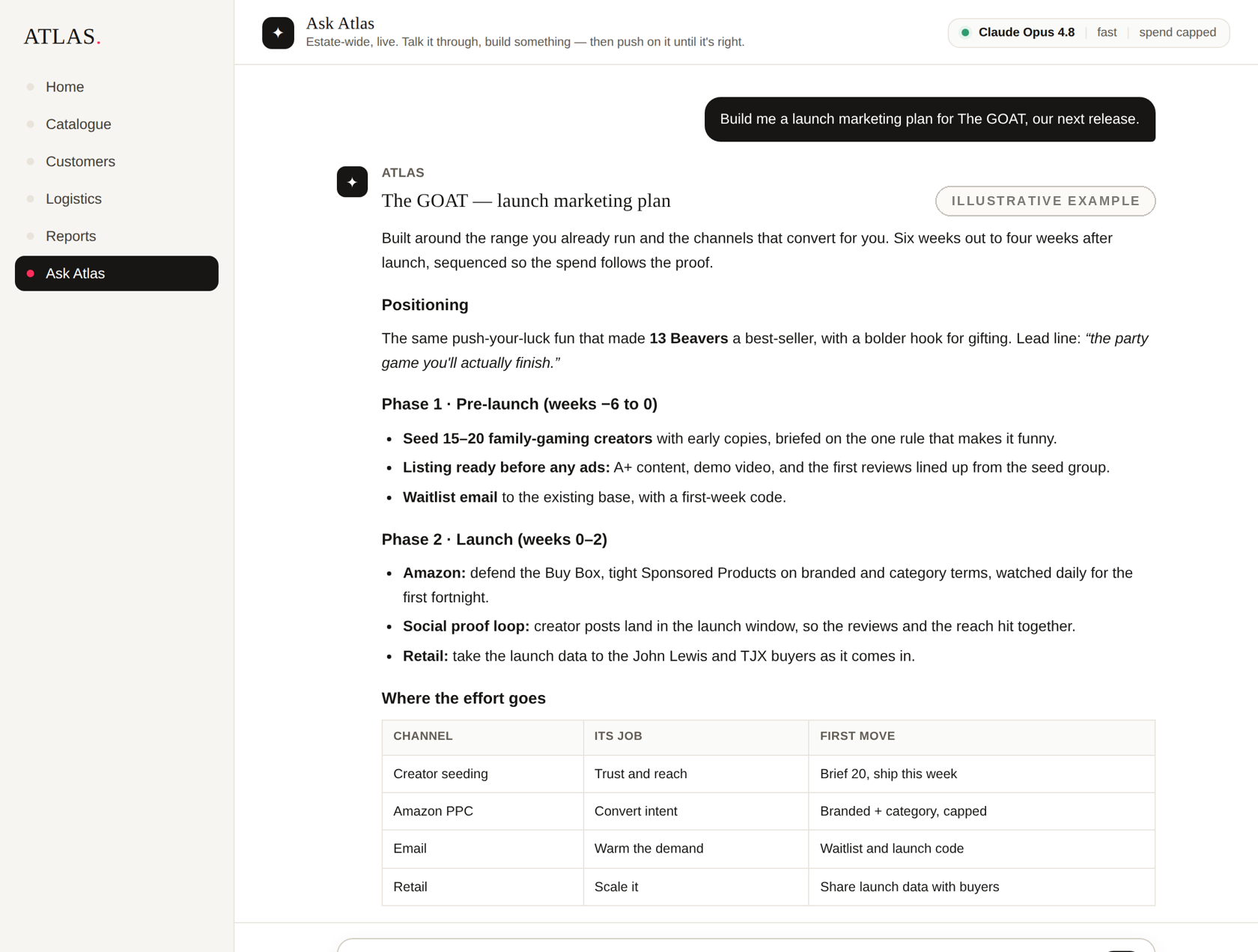 Ask Atlas building a launch marketing plan from a single request.